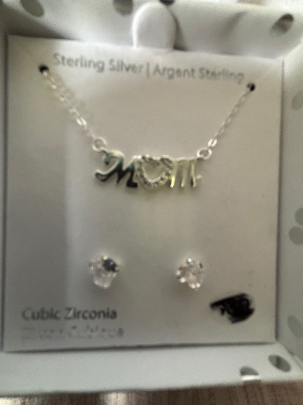 Sterling Silver 'Mom' Heart Necklace and Cubic Zirconia Stud Earrings - Silver